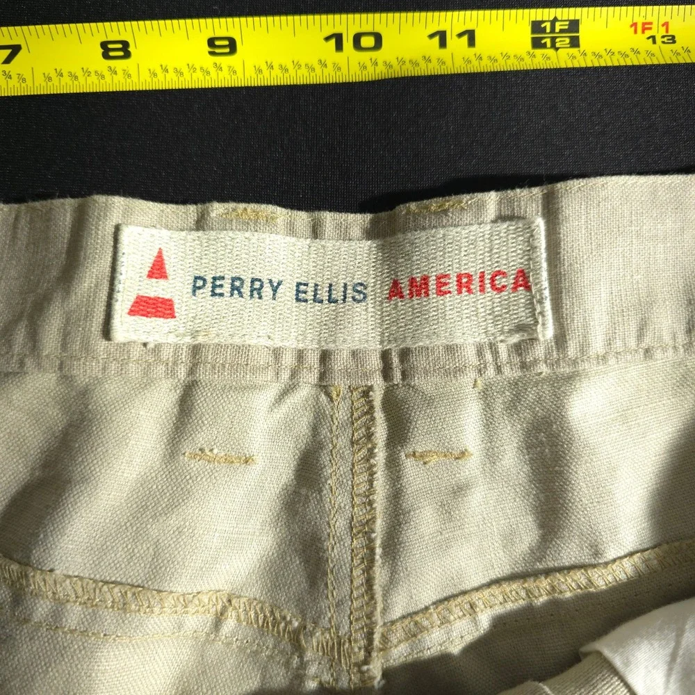 Perry Ellis America Pants Mens 38x30 Khaki Linen Cotton Blend Straight Chino